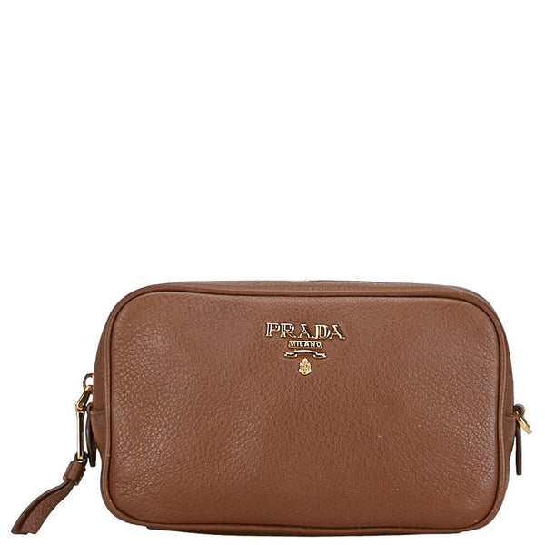プラダ ロゴ ヴィッテロ ポーチ アクセサリーポーチ 1ND004 ブラウン ゴールド レザー レディース PRADA 【中古】