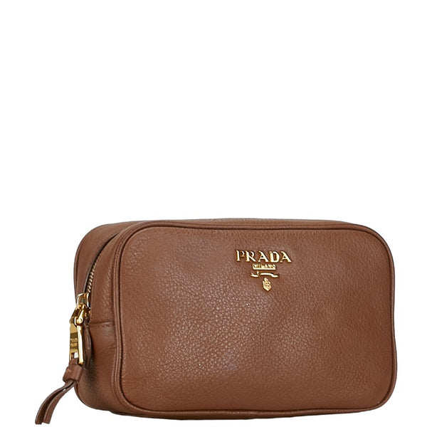 プラダ ロゴ ヴィッテロ ポーチ アクセサリーポーチ 1ND004 ブラウン ゴールド レザー レディース PRADA 【中古】