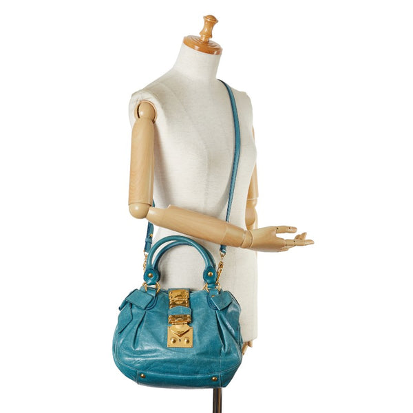 ミュウミュウ サイドリボン ショルダーバッグ ハンドバッグ 2WAY ブルー ゴールド レザー レディース MIUMIU 【中古】