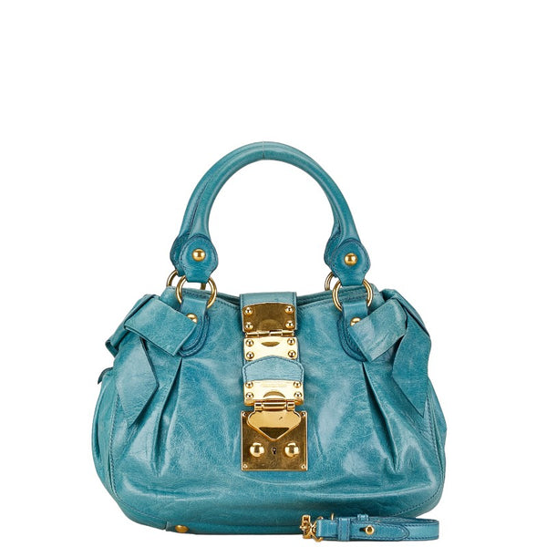 ミュウミュウ サイドリボン ショルダーバッグ ハンドバッグ 2WAY ブルー ゴールド レザー レディース MIUMIU 【中古】