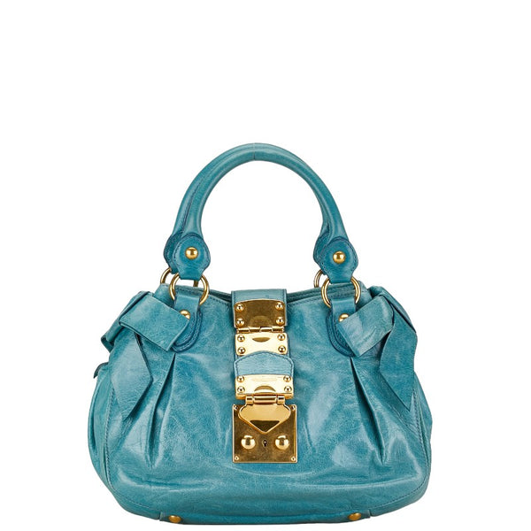 ミュウミュウ サイドリボン ショルダーバッグ ハンドバッグ 2WAY ブルー ゴールド レザー レディース MIUMIU 【中古】
