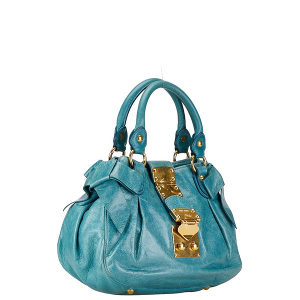 ミュウミュウ サイドリボン ショルダーバッグ ハンドバッグ 2WAY ブルー ゴールド レザー レディース MIUMIU 【中古】