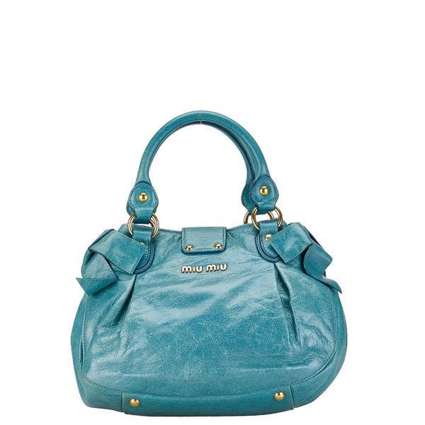 ミュウミュウ サイドリボン ショルダーバッグ ハンドバッグ 2WAY ブルー ゴールド レザー レディース MIUMIU 【中古】
