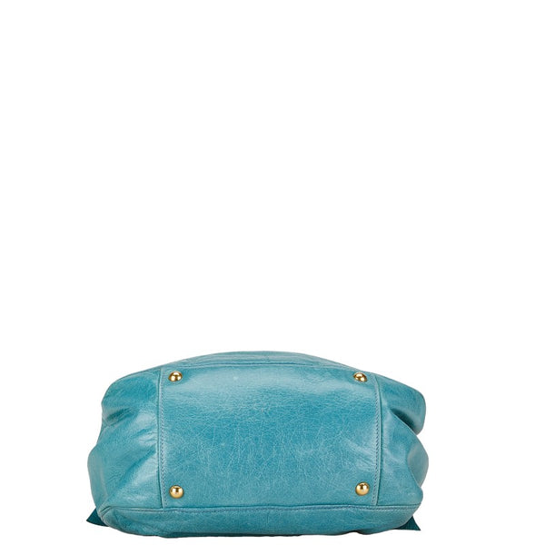 ミュウミュウ サイドリボン ショルダーバッグ ハンドバッグ 2WAY ブルー ゴールド レザー レディース MIUMIU 【中古】