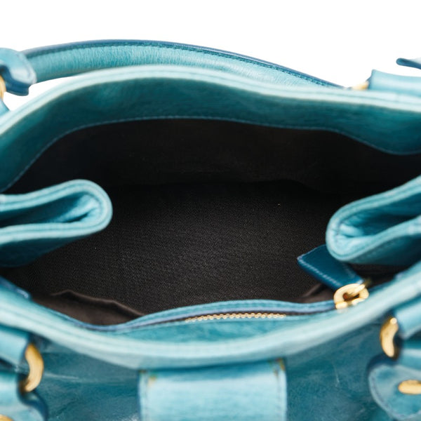 ミュウミュウ サイドリボン ショルダーバッグ ハンドバッグ 2WAY ブルー ゴールド レザー レディース MIUMIU 【中古】