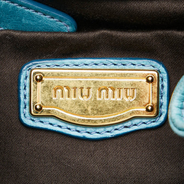 ミュウミュウ サイドリボン ショルダーバッグ ハンドバッグ 2WAY ブルー ゴールド レザー レディース MIUMIU 【中古】