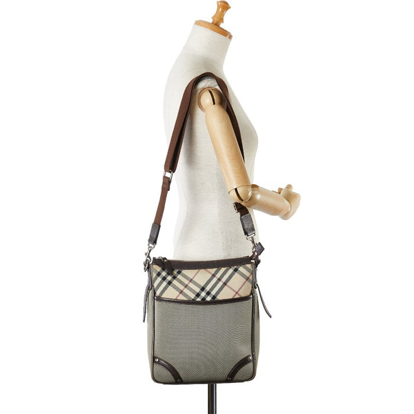 バーバリー ノバチェック 斜め掛け ショルダーバッグ グレージュ ブラウン ナイロン キャンバス レザー レディース BURBERRY 【中古】