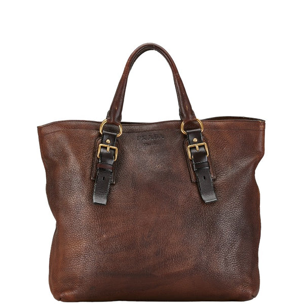 プラダ ロゴ ハンドバッグ トートバッグ ブラウン レザー レディース PRADA 【中古】