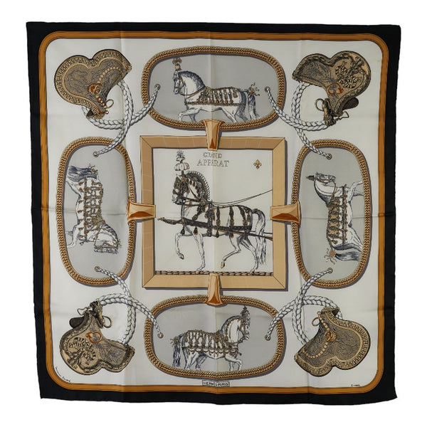 エルメス カレ90 GRAND APPARAT 盛装の馬 スカーフ ホワイト ブラック マルチカラー シルク レディース HERMES 【中古】