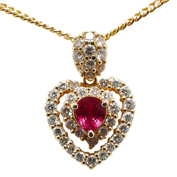 K18YG イエローゴールド ルビー0.41ct ダイヤ0.60ct ハートモチーフ ネックレス レディース 【中古】