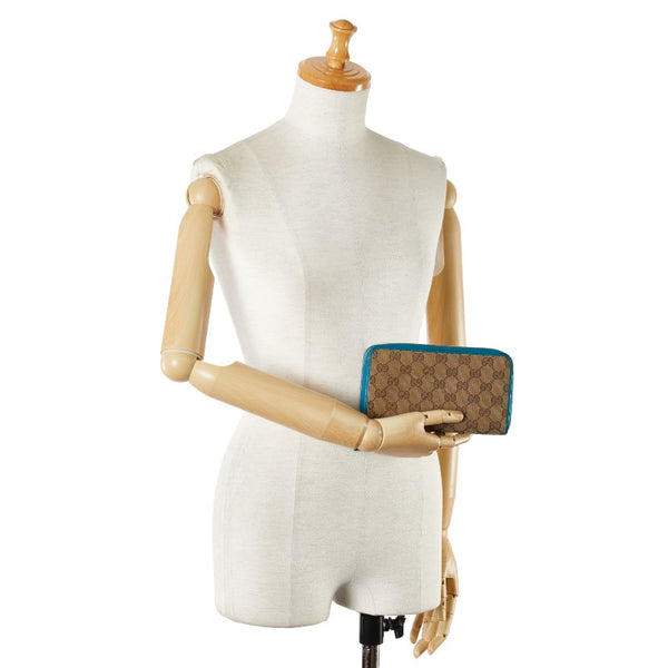 グッチ GGキャンバス ラウンドジップ 長財布 363423 ベージュ ブルー レザー キャンバス レディース GUCCI 【中古】