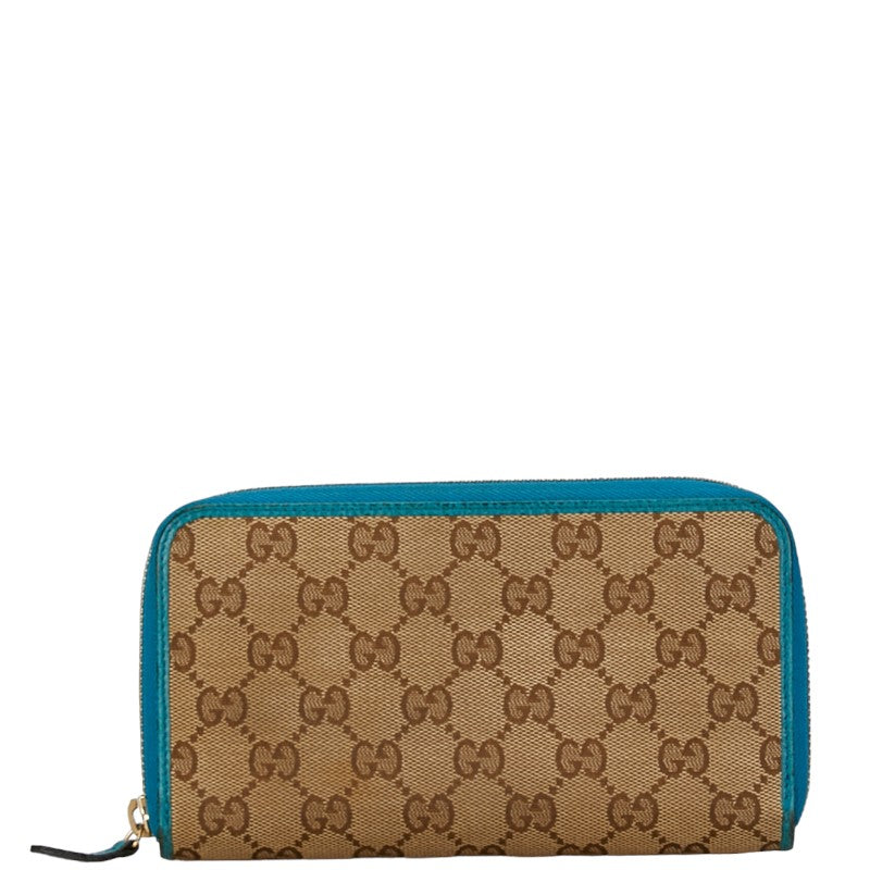 グッチ GGキャンバス ラウンドジップ 長財布 363423 ベージュ ブルー レザー キャンバス レディース GUCCI 【中古】