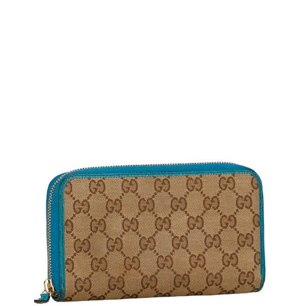 グッチ GGキャンバス ラウンドジップ 長財布 363423 ベージュ ブルー レザー キャンバス レディース GUCCI 【中古】