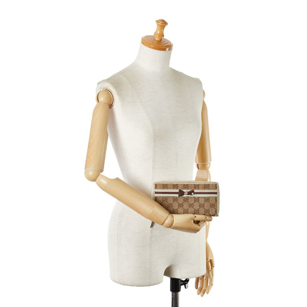 グッチ GGキャンバス リボン ウェブ シェリーライン ラウンドファスナー 長財布 257003 ベージュ ホワイト キャンバス レザー レディース GUCCI 【中古】