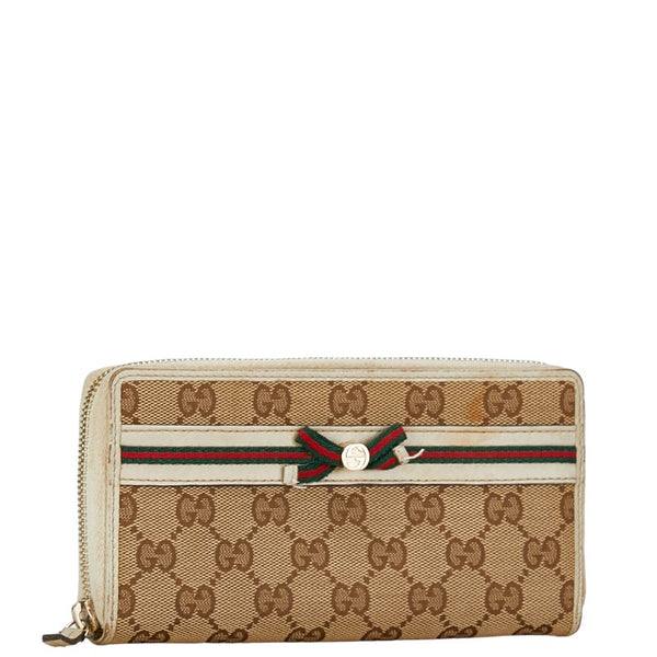 グッチ GGキャンバス リボン ウェブ シェリーライン ラウンドファスナー 長財布 257003 ベージュ ホワイト キャンバス レザー レディース GUCCI 【中古】