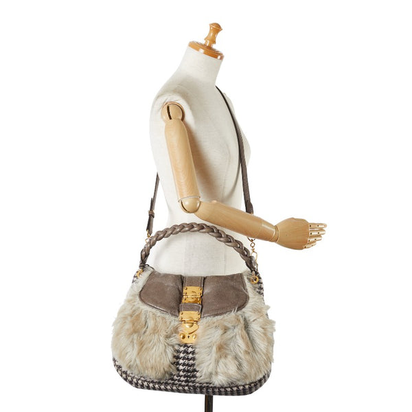 ミュウミュウ ムートン ハンドバッグ ショルダーバッグ 2WAY グレー マルチカラー ファー レザー コットン レディース MIUMIU 【中古】