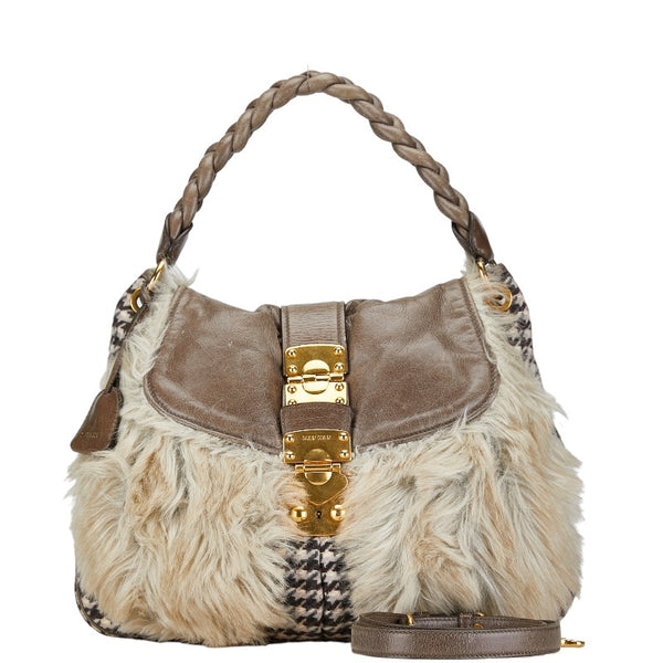 ミュウミュウ ムートン ハンドバッグ ショルダーバッグ 2WAY グレー マルチカラー ファー レザー コットン レディース MIUMIU 【中古】