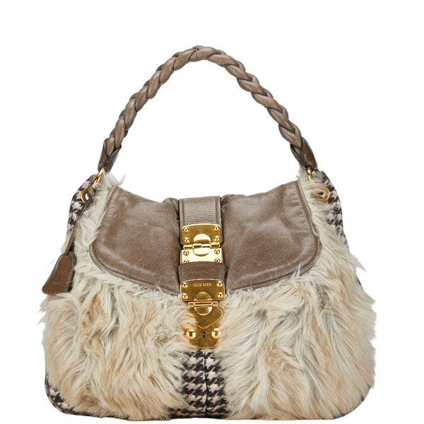 ミュウミュウ ムートン ハンドバッグ ショルダーバッグ 2WAY グレー マルチカラー ファー レザー コットン レディース MIUMIU 【中古】