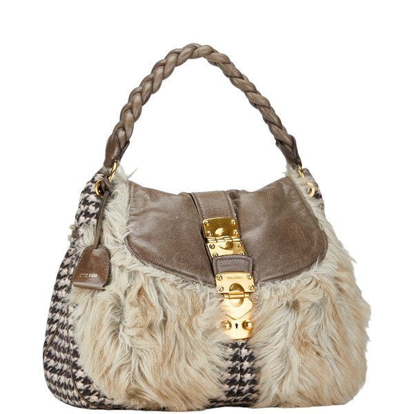 ミュウミュウ ムートン ハンドバッグ ショルダーバッグ 2WAY グレー マルチカラー ファー レザー コットン レディース MIUMIU 【中古】