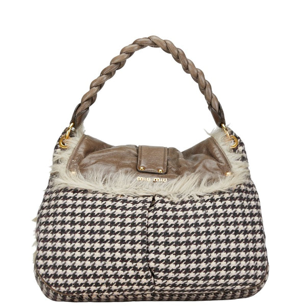 ミュウミュウ ムートン ハンドバッグ ショルダーバッグ 2WAY グレー マルチカラー ファー レザー コットン レディース MIUMIU 【中古】