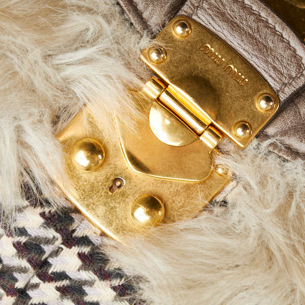 ミュウミュウ ムートン ハンドバッグ ショルダーバッグ 2WAY グレー マルチカラー ファー レザー コットン レディース MIUMIU 【中古】