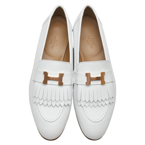 エルメス ロワイヤル H シューズ サイズ：38 1/2 ホワイト ゴールド レザー レディース HERMES 【中古】