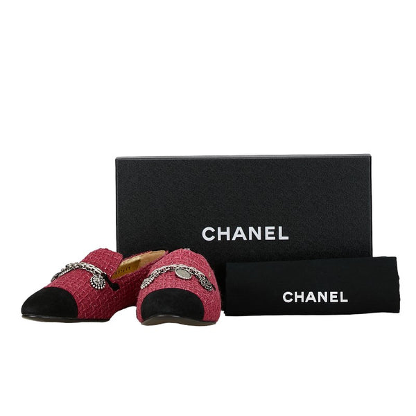 シャネル ココマーク チェーン ローファー サイズ：36C ピンク ブラック ツイード レディース CHANEL 【中古】