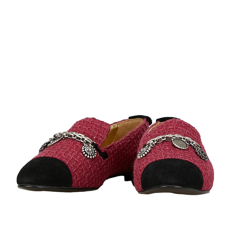 シャネル ココマーク チェーン ローファー サイズ：36C ピンク ブラック ツイード レディース CHANEL 【中古】