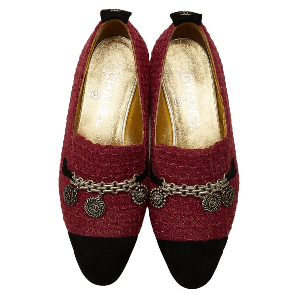 シャネル ココマーク チェーン ローファー サイズ：36C ピンク ブラック ツイード レディース CHANEL 【中古】