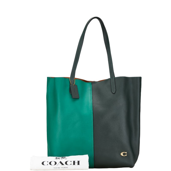 コーチ ノース トート カラーブロック トートバッグ ショルダーバッグ グリーン カーキ レザー レディース COACH 【中古】