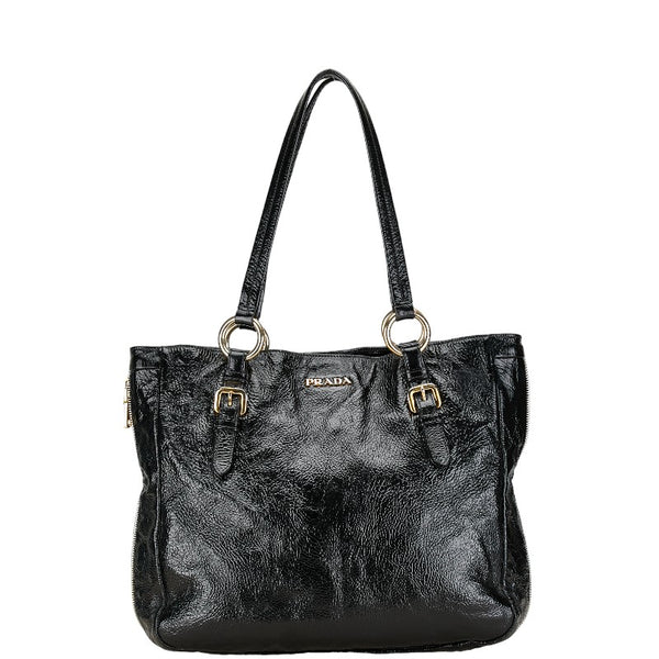 プラダ ロゴ サイドジップ ハンドバッグ トートバッグ ブラック ゴールド エナメル レディース PRADA 【中古】