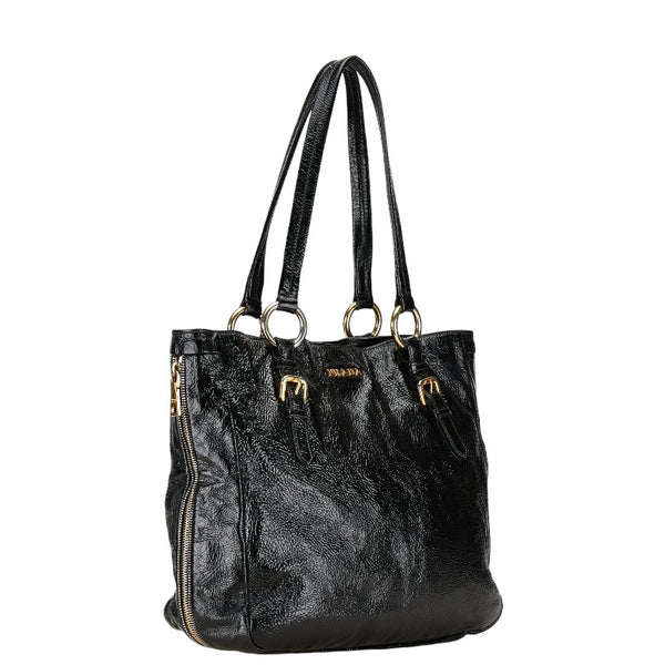 プラダ ロゴ サイドジップ ハンドバッグ トートバッグ ブラック ゴールド エナメル レディース PRADA 【中古】