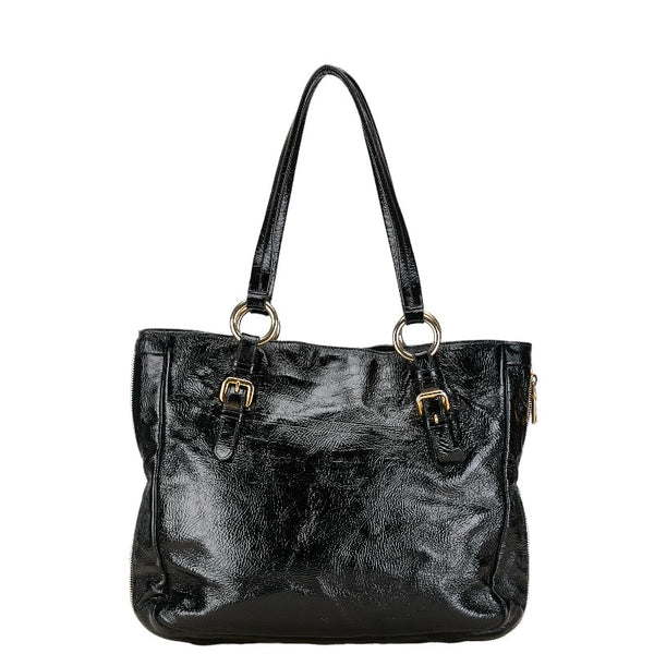 プラダ ロゴ サイドジップ ハンドバッグ トートバッグ ブラック ゴールド エナメル レディース PRADA 【中古】