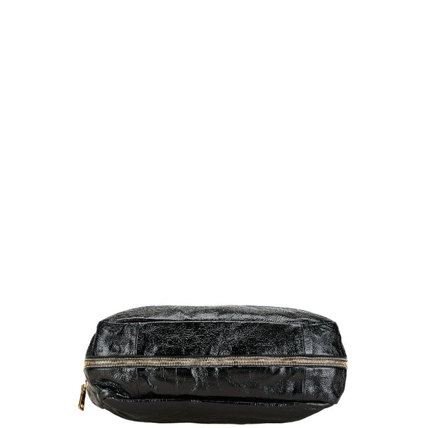 プラダ ロゴ サイドジップ ハンドバッグ トートバッグ ブラック ゴールド エナメル レディース PRADA 【中古】