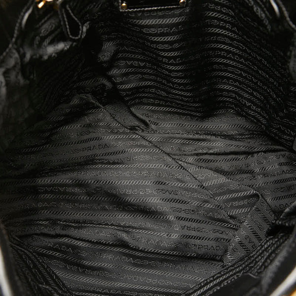 プラダ ロゴ サイドジップ ハンドバッグ トートバッグ ブラック ゴールド エナメル レディース PRADA 【中古】