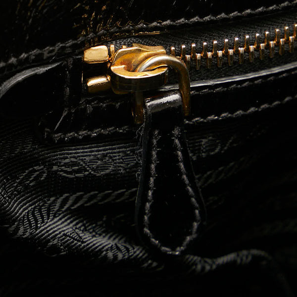 プラダ ロゴ サイドジップ ハンドバッグ トートバッグ ブラック ゴールド エナメル レディース PRADA 【中古】