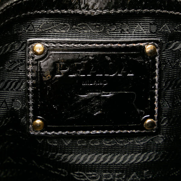 プラダ ロゴ サイドジップ ハンドバッグ トートバッグ ブラック ゴールド エナメル レディース PRADA 【中古】