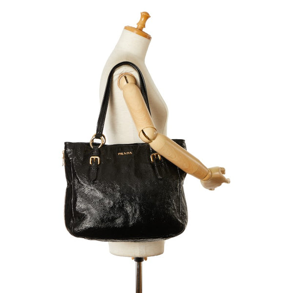 プラダ ロゴ サイドジップ ハンドバッグ トートバッグ ブラック ゴールド エナメル レディース PRADA 【中古】
