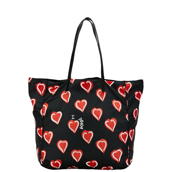 プラダ NYLON STAMPATO ハート ハンドバッグ トートバッグ BN2052 ブラック レッド ナイロン レザー レディース PRADA 【中古】