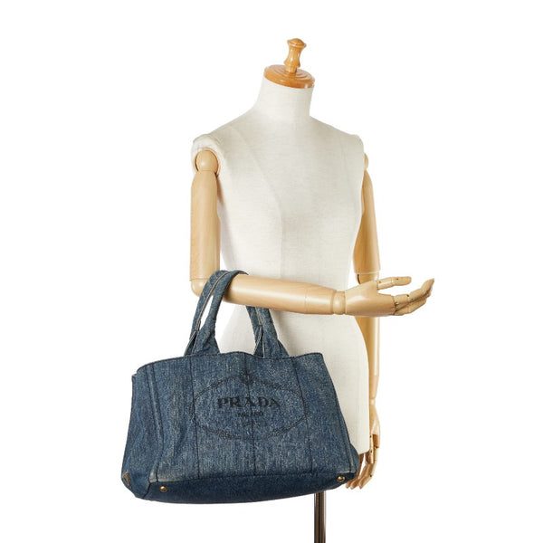 プラダ 三角ロゴプレート カナパ ハンドバッグ インディゴブルー デニム レディース PRADA 【中古】