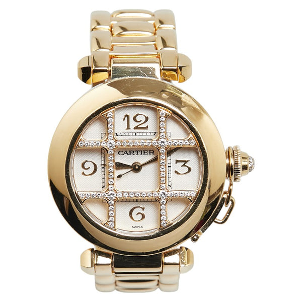 カルティエ パシャグリッド ダイヤ 腕時計 2399 自動巻き ホワイト文字盤 K18YG イエローゴールド ステンレススチール メンズ CARTIER 【中古】
