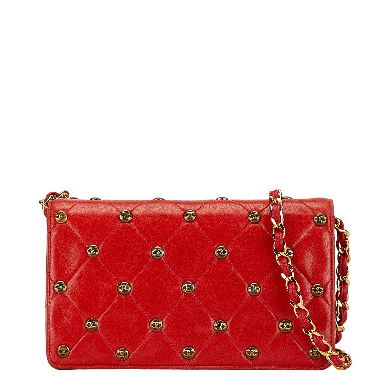 シャネル スタッズ マトラッセ ココマーク 斜め掛け チェーン ショルダーバッグ レッド ラムスキン レディース CHANEL 【中古】