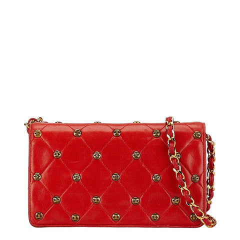 シャネル スタッズ マトラッセ ココマーク 斜め掛け チェーン ショルダーバッグ レッド ラムスキン レディース CHANEL 【中古】