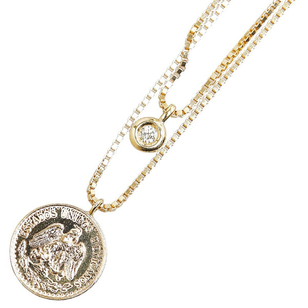 K21.6 ゴールド K18YG イエローゴールド ダイヤ0.05ct 2ペソ金貨 メキシコ DOS 1945年刻印 ペンダントネックレス レディース 【中古】