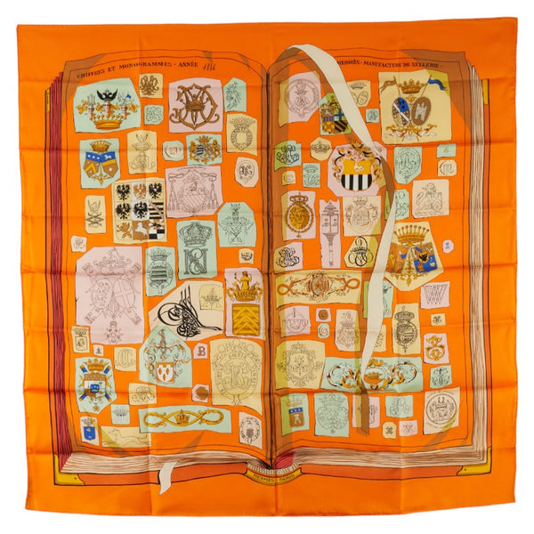 エルメス カレ90 CHIFFRES ET MONOGRAMMES-ANNEE 1886 図面や記号 スカーフ オレンジ マルチカラー シルク レディース HERMES 【中古】