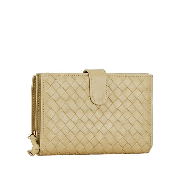 ボッテガヴェネタ イントレチャート 二つ折り財布 ベージュ レザー レディース BOTTEGAVENETA 【中古】