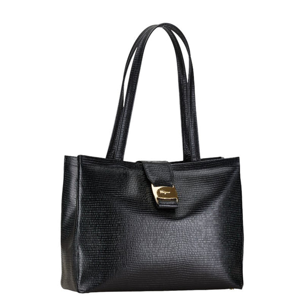 サルヴァトーレフェラガモ ヴァラ クロコ型押し トートバッグ ハンドバッグ AF-21 8254 ブラック レザー レディース Salvatore Ferragamo 【中古】