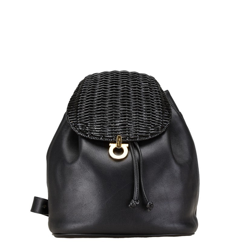 サルヴァトーレフェラガモ ガンチーニ リュック バックパック ブラック レザー ラフィア レディース Salvatore Ferragamo 【中古】