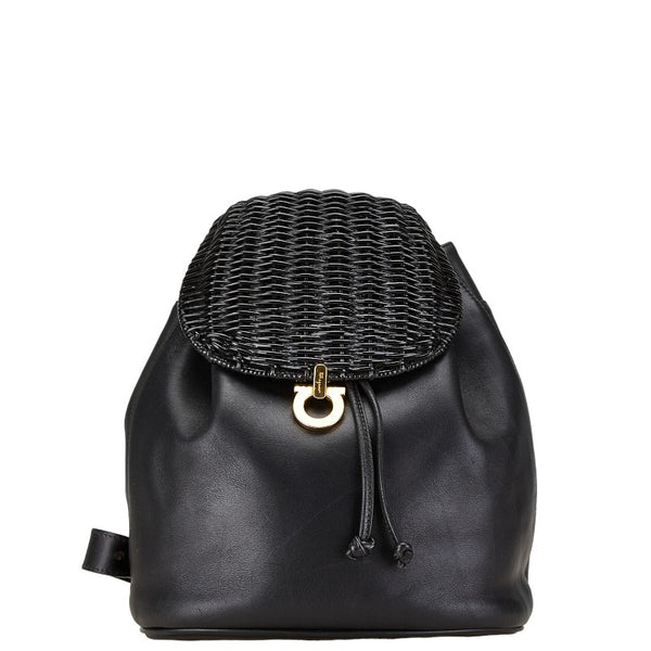 サルヴァトーレフェラガモ ガンチーニ リュック バックパック ブラック レザー ラフィア レディース Salvatore Ferragamo 【中古】