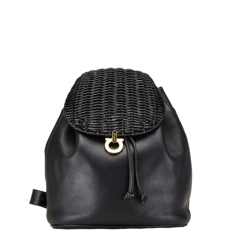 サルヴァトーレフェラガモ ガンチーニ リュック バックパック ブラック レザー ラフィア レディース Salvatore Ferragamo 【中古】